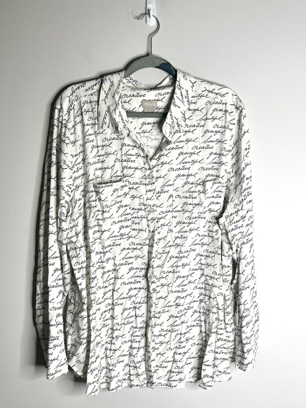 Chico's Kassi Dip Dye Dreams Button Down Cursive Font Script Flowy Modal Sz XL